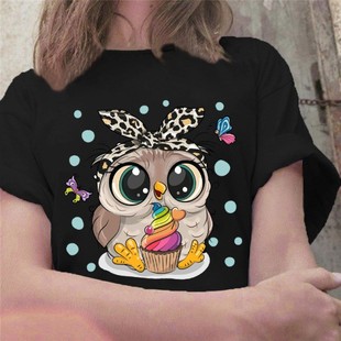 cute owl T-shirt夏季可爱猫头鹰动物时尚可爱休闲情侣短袖T恤女