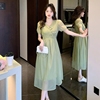 新中式绿色雪纺连衣裙子，夏季2024年中国风小个子显瘦女装长裙