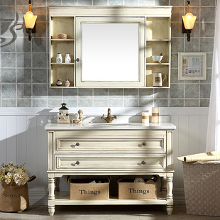 美式浴室柜组合实木，落地式岩板洗脸盆池，洗漱台镜柜卫生间洗手盆柜