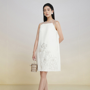越南小众chancos2022冬季高定透视网纱拼接白色，印花连衣裙