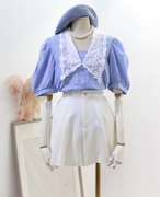 娃娃领蓝色格子衬衫2023夏季女装韩国法式少女拼色俏皮学院风上衣