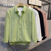 luud今年很流行的果，绿色衬衣青春，纯棉文艺衬衫百搭纯色潮男长袖