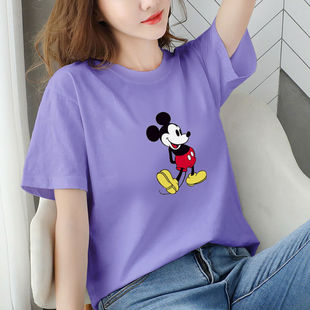 夏季t恤女短袖女米奇老鼠卡通图案印花宽松中长款韩版学生装