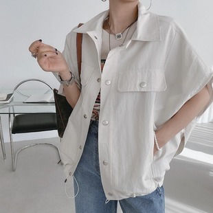韩国chic春夏法式复古设计感单排扣慵懒宽松蝙蝠袖工装马甲外套女