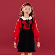 女童娃娃领甜美毛衣裙冬季红色经典翻领连衣裙中大童拜年衣服