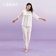 林卡夏季睡衣女款甜美娃娃领白色可爱减龄五分袖长裤家居服套装