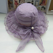 欧根纱太阳帽紫色遮阳帽，女春夏时尚凉帽，防晒大檐可折叠沙滩帽