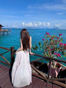 马尔代夫海边旅游拍照度假沙滩，长裙超仙女紫色性感露背挂脖连衣裙