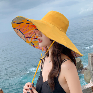 夏天沙滩帽子女折叠遮脸海边超大帽檐防晒遮阳帽太阳度假大沿凉帽