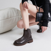 真皮短靴女平跟2023年韩版冬季法式复古切尔西靴粗跟及裸靴子