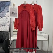 红色连衣裙长裙女拼接印花图案，韩版气质百搭长袖，女装a#7