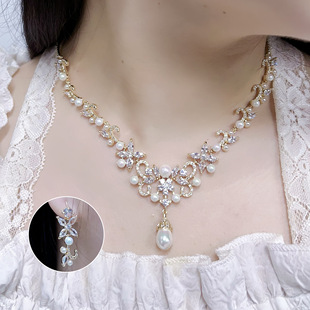 复古优雅镶嵌锆石花朵淡水珍珠，串珠项链百搭女款耳环耳坠两件套装