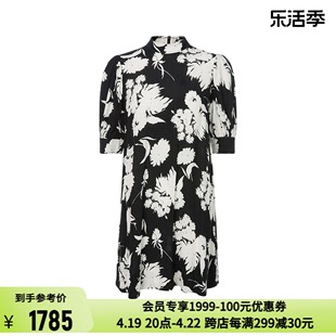 GANNI 24春夏黑白色花卉印花法式半高领短袖连衣裙短裙