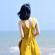 黄色沙滩裙女夏2023海边度假雪纺无袖吊带连衣裙性感露背超仙长裙