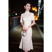 新中式改良旗袍连衣裙鱼尾小礼服平时可穿白色蕾丝复古优雅高端女