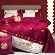 简约公主风结婚床上用品四件套红色床单刺绣被套新婚喜被婚嫁系列