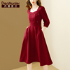 丹慕妮尔法式高端轻奢红色连衣裙女春秋气质，收腰中长裙子