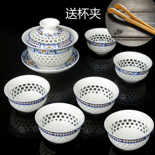 冰晶蜂巢玲珑陶瓷茶具，整套镂空青花，金线功夫茶碗盖碗茶杯套装