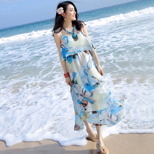 夏吊带(夏吊带)裙子高腰，大摆雪纺连衣裙海边度假沙滩裙波西米亚长裙女