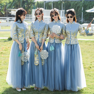 中式伴娘服女2024冬季姐妹，团装礼服小众，高级感国风蓝色伴娘裙