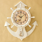 船舵船锚创意个性欧式实木静音，挂钟表石英，客厅大号时尚复古钟挂表