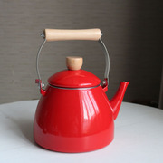 M1988日本搪瓷红色铁质烧水壶木手柄电磁炉茶壶日式可爱大麦壶