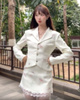 新中式蝴蝶印花套装女白色，翻领收腰西服，外套蕾丝拼接半身裙两件套