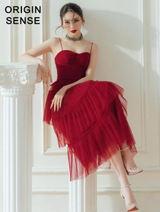 超细吊带抹胸气质深红色优雅浪漫度假可穿飘逸小礼服长款裙