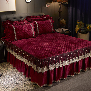 水晶绒夹棉加厚床裙欧式超柔蕾丝花边床罩单件1.5m1.8米保暖床笠
