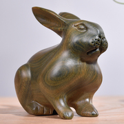 绿檀实木质雕刻兔子摆件手把，件绿色木头木雕，十二生肖兔家居工艺品