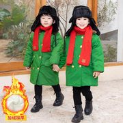 儿童军绿棉大衣加棉袄加厚中长款男女童，外套网红棉衣加绒冬季宝宝