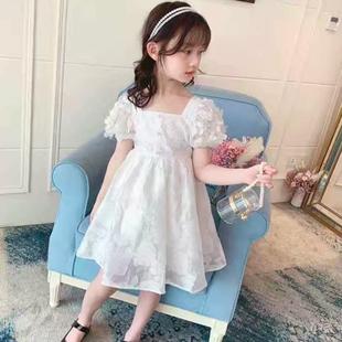 女童公主裙蓬蓬连衣裙，2024夏季法式设计时尚短袖白色洋气裙子