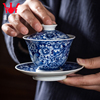 钟家窑陶瓷盖碗手绘万花柴窑青花小号三才泡茶盖碗茶杯高端泡茶器
