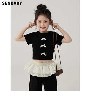 senbaby童装女童短袖t恤2024夏季韩版儿童衣服，中大童蝴蝶结短上衣
