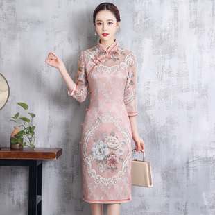 老上海旗袍2023年中国风改良版复古气质名媛，中袖连衣裙中长款