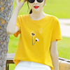 纯棉黄色短袖t恤女士体恤，2024年夏装宽松夏季女装上衣服正肩