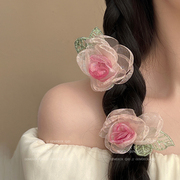 超仙森系欧根纱玫瑰花朵，发夹女秋季侧边夹高级感气质发饰头饰