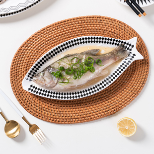 鱼盘家用创意陶瓷蒸鱼盘大号，装鱼碟长方形菜盘子餐厅酒店餐具