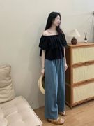 时尚套装女甜辣洋气宽松一字肩短袖衬衫，上衣复古阔腿牛仔裤两件套