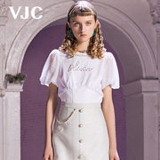 VJC/威杰思春夏女装圆领短袖珍珠收腰修身短款气质上衣