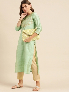 印度进口服饰生丝刺绣民族，风中长款上衣，轻薄七分袖豆绿色