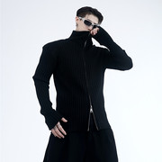 秋装暗黑风个性双头拉链设计男士高领毛衣修身显瘦针织开衫潮