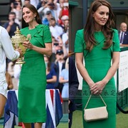 高级定制凯特王妃同款短袖不规则设计感绿色，连衣裙修身优雅长裙夏