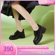 哈森深口单鞋女2024系带粗跟秋冬踝靴厚底小皮鞋HWS240203