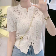 小香风镂空针织开衫，t恤女夏季薄款2024韩版宽松显瘦短袖上衣