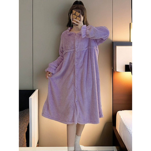 紫色开衫珊瑚绒睡裙，冬季女款中长款睡衣2023秋冬加厚加绒长袖