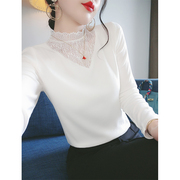 白色长袖t恤女春装2024蕾丝拼接半高领内搭打底衫设计感上衣