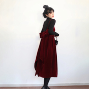 2023法式金丝绒红色连衣裙女冬高级感新年过年战袍，春节拜年套装裙