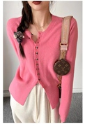 春秋款玫粉色纯羊绒开衫，女圆领针织，薄毛衣外套韩版宽松羊毛衫外搭