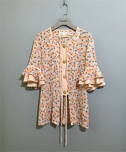 原 价¥78vintage 日本古着花朵荷叶边五分袖藕粉色雪纺衬衫